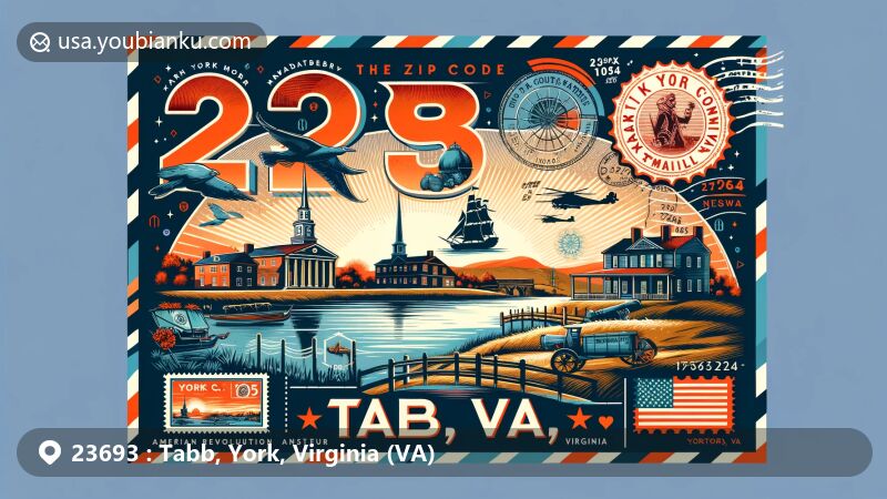 Modern illustration of Tabb, York County, Virginia, featuring key elements like the York River, Yorktown Battlefield, American Revolution Museum at Yorktown, and homage to the Powhatan Confederacy, with vintage postal theme showcasing ZIP code 23693.