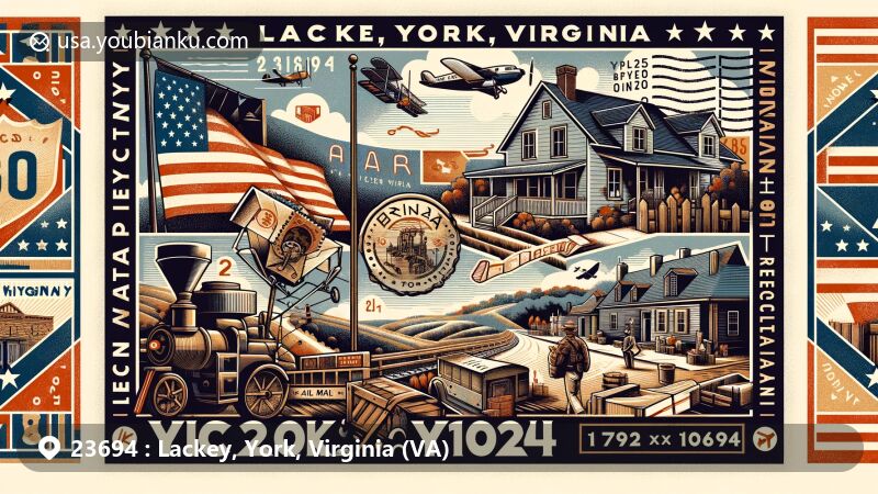 Modern illustration of Lackey area, York County, Virginia, showcasing postal theme with ZIP code 23694, depicting historical and cultural significance post-American Civil War, integrating Virginia's heritage.
