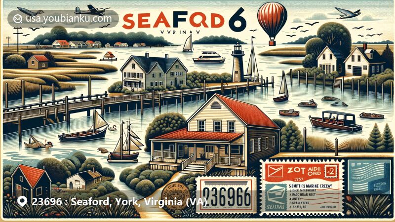 Modern illustration of Seaford, York County, Virginia, highlighting rural landscape along Chisman Creek and Back Creek leading to the York River, featuring Smith's Marine Railway and American postal symbols with ZIP code 23696.