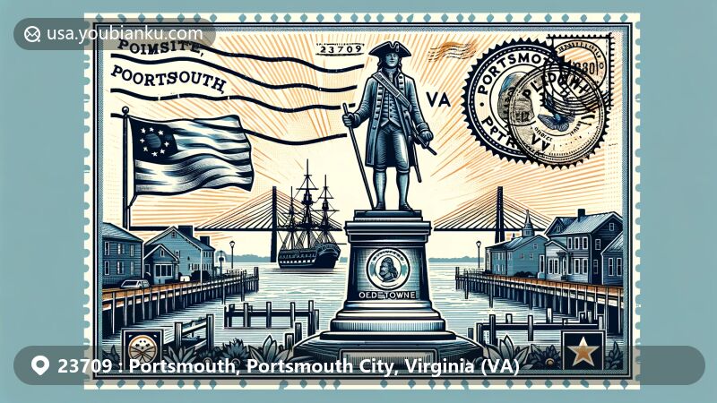 Modern illustration of Olde Towne in Portsmouth, VA, showcasing statue of Colonel William Crawford and Elizabeth River in postcard style with symbolic stamps and postmark.