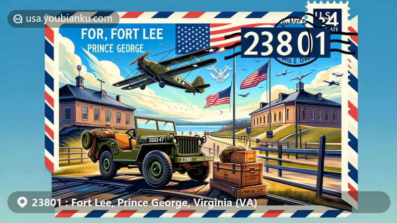 Modern illustration of Fort Lee, Prince George, Virginia, showcasing military history with U.S. Army Quartermaster Museum and artifacts like General George Patton's jeep and 50-star flag, integrated with Virginia's landscapes and structures, featuring air mail envelope with ZIP Code 23801.