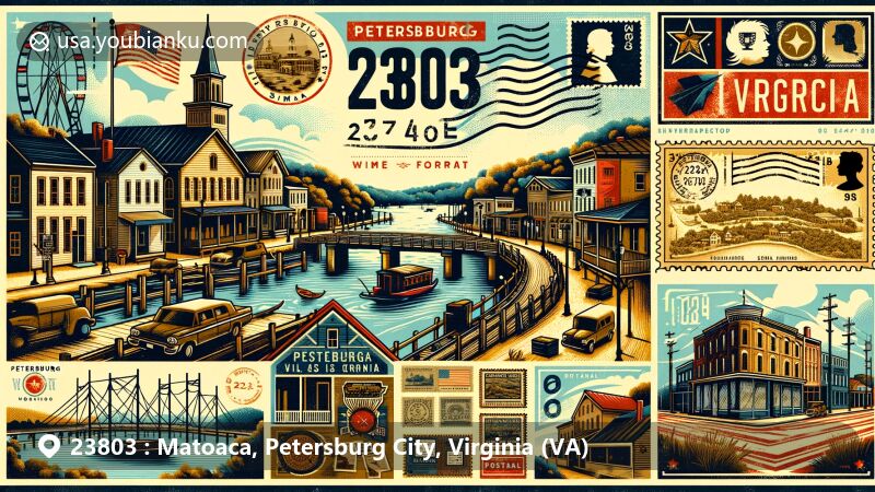 Modern illustration of Petersburg, Virginia, capturing its Civil War history, the Appomattox River, and transportation significance, in a vintage postcard design featuring ZIP code 23803.