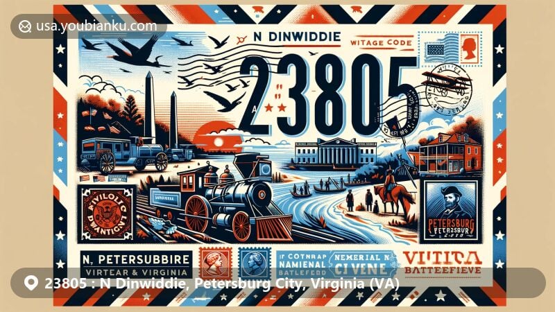 Modern illustration of U.S. ZIP code 23805, featuring N Dinwiddie, Petersburg City, Virginia (VA), highlighting Appomattox River and postal theme with vintage air mail elements.
