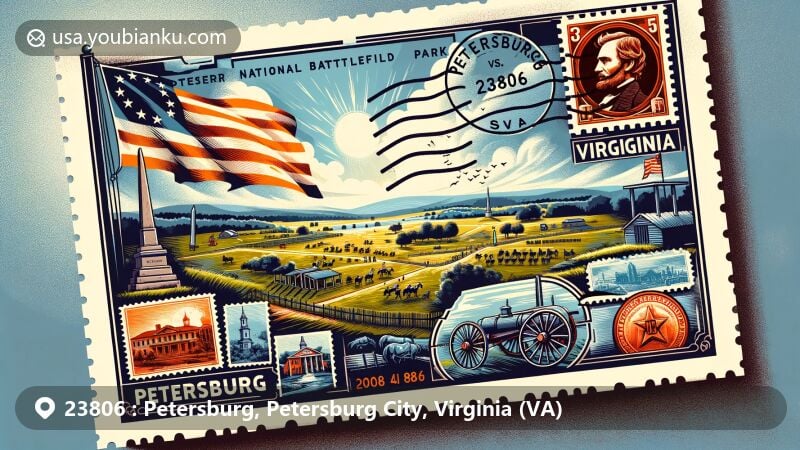Modern illustration of Petersburg National Battlefield Park, Virginia, with Civil War era elements, featuring Virginia state flag, vintage stamp, postmark with ZIP code 23806, and postal themes.