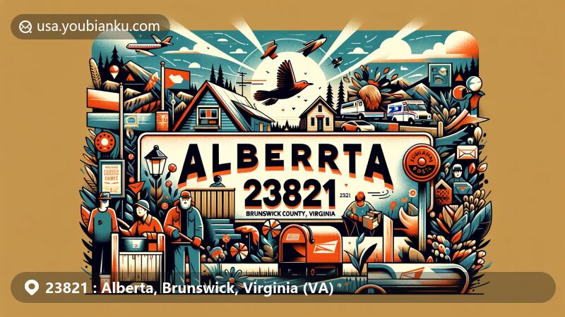 Modern illustration of Alberta area in Brunswick County, Virginia, showcasing postal theme with ZIP code 23821, featuring diverse demographic elements, vintage postal items, and iconic imagery of Virginia and Brunswick County.