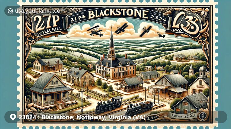 Modern illustration of Poplar Hill in Blackstone, Nottoway County, Virginia, highlighting historic landmarks and natural beauty, framed by an antique postal stamp with ZIP code 23824.