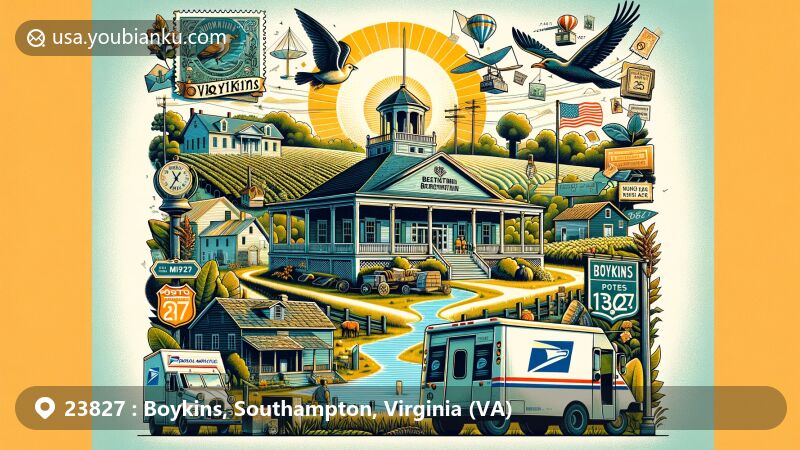 Modern illustration of Boykins, Virginia, showcasing postal theme with ZIP code 23827, featuring Beaton-Powell House and town's rural character, including farmlands and route junction.