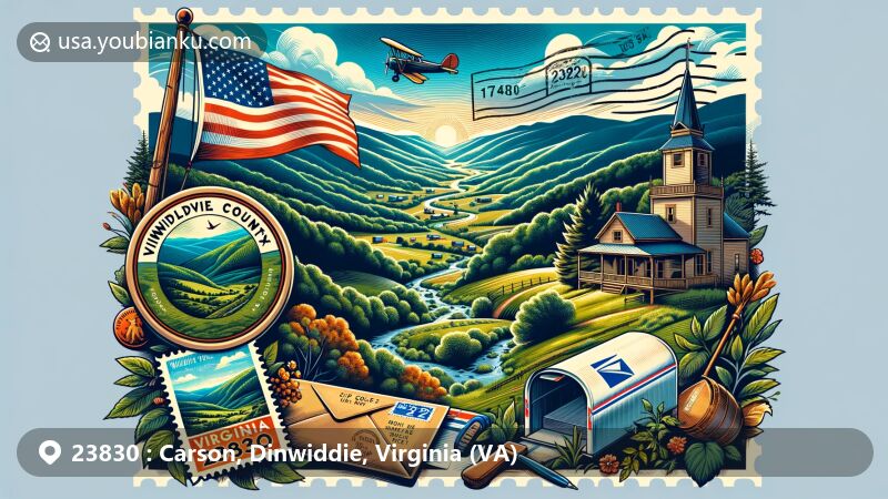 Modern illustration of Carson, Dinwiddie County, Virginia, showcasing natural beauty and outdoor activities, with vintage air mail envelope featuring postal elements and ZIP code 23830.