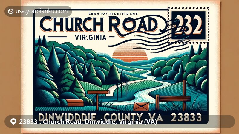 Creative modern illustration of Church Road area, Dinwiddie County, Virginia, showcasing natural beauty with lush forests, rivers, and hills. Features vintage postcard theme with postal stamp, postmark 'Church Road, VA 23833', and envelope, symbolizing area's essence.