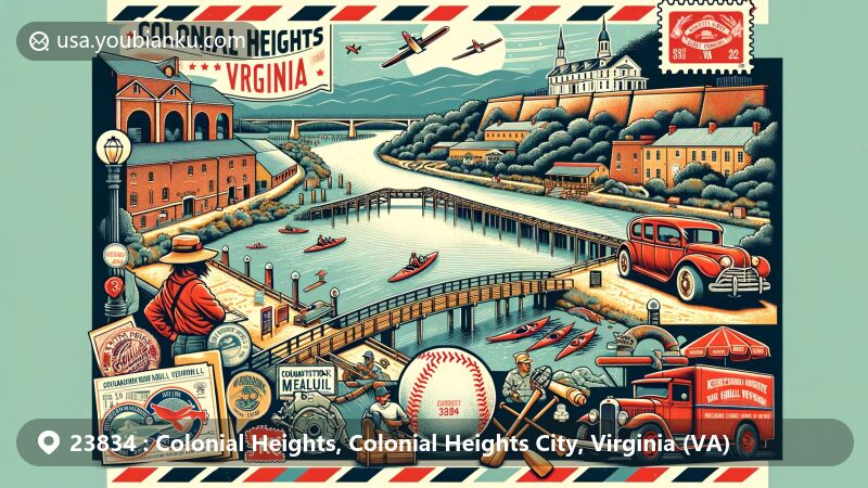 Modern illustration of Colonial Heights, Virginia, featuring Appomattox River Trail System, Keystone Antique Truck and Tractor Museum, and Tri-City Chili Peppers baseball team, set against Fort Clifton and a postal theme with ZIP code 23834.