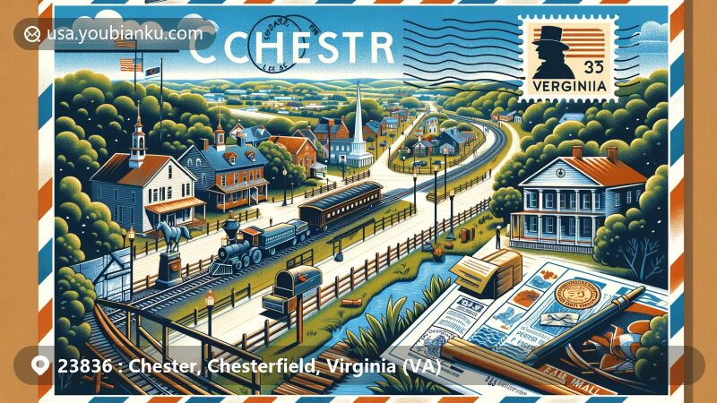 Modern illustration of Chester, Virginia, featuring Henricus Historical Park and iconic landmarks, blending postal theme with American Revolution and Civil War elements.