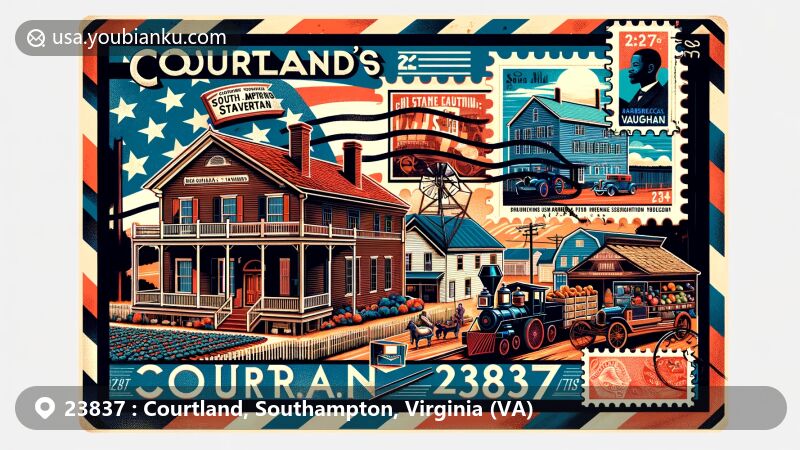 Creative illustration of Courtland, Southampton County, Virginia, showcasing historic Mahone's Tavern, Rebecca Vaughan House linked to Nat Turner Rebellion, Courtland Rosenwald School for African-American education, and Courtland Produce Auction in postcard design with airmail envelope frame, vintage postal elements, and Virginia state flag.