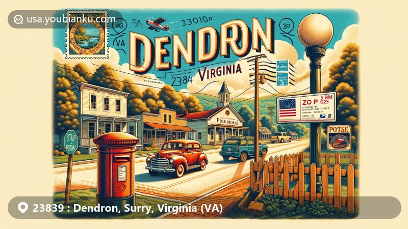 Modern illustration of Dendron, Surry County, Virginia, capturing the town's lumber town history and Greek origin, with trees symbolizing its name. Features a vintage postcard design with Virginia state flag stamp, 'Dendron, VA 23839' postmark, and red mailbox.