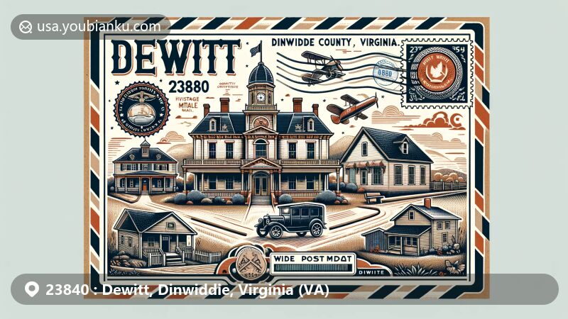Modern illustration of Dewitt, Dinwiddie, Virginia, featuring Dinwiddie County Courthouse, Wales residence, and Montrose farmhouse, embodying area's history and architecture.