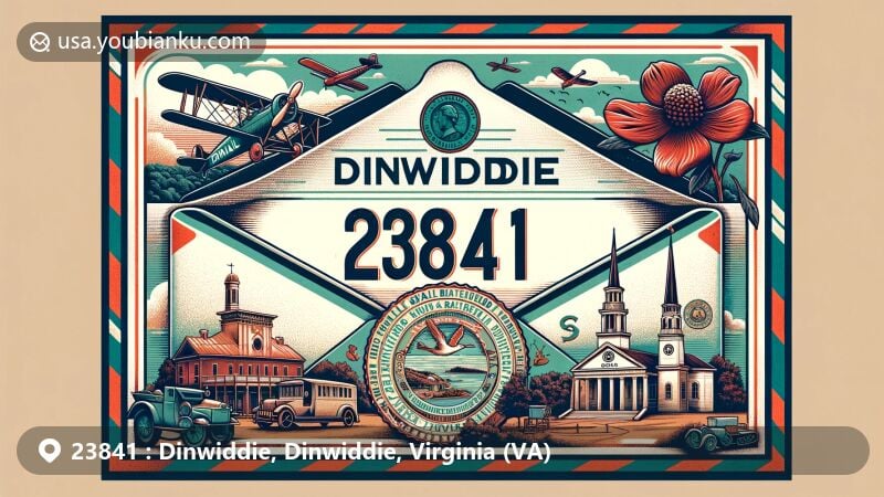 Vintage-style air mail envelope with ZIP code 23841, showcasing Dinwiddie, Virginia's landmarks and symbols like Petersburg National Battlefield, Sappony Church, and Dinwiddie County seal.