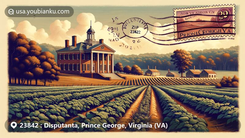 Modern illustration of Aberdeen plantation house in Prince George County, Virginia, showcasing rural landscape with brick temple-form house, Doric columns, farmland, and vintage postal elements.