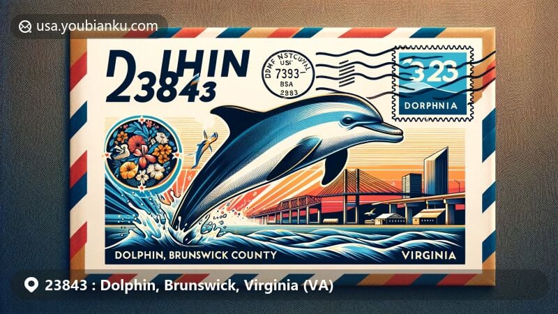 Modern illustration of Dolphin, Brunswick County, Virginia, postal theme with ZIP code 23843, featuring airmail envelope and state flag.