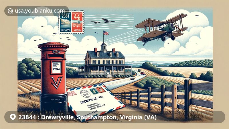 Illustration depicting Drewryville, Southampton County, Virginia, with 'Three Creeks' building against scenic backdrop, highlighting historical charm and natural beauty, featuring airmail envelope with ZIP code 23844, U.S. Route 58, and Drewryville landmark stamp, alongside traditional red postal box with Southampton County and Virginia insignia.