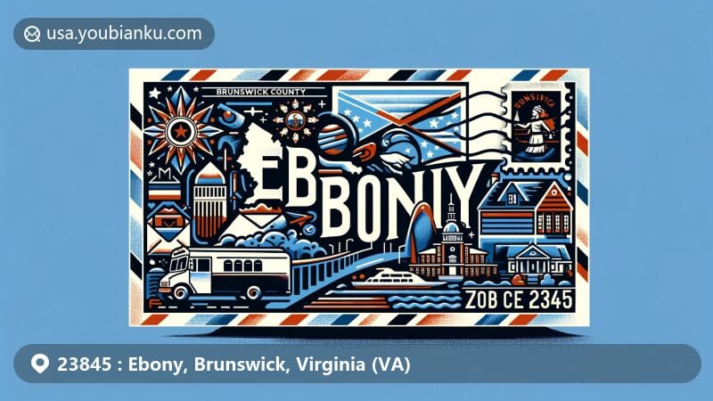 Modern illustration of Ebony, Virginia, highlighting ZIP code 23845, featuring state flag, Brunswick County silhouette, and local culture and landmarks in a creative postcard design.