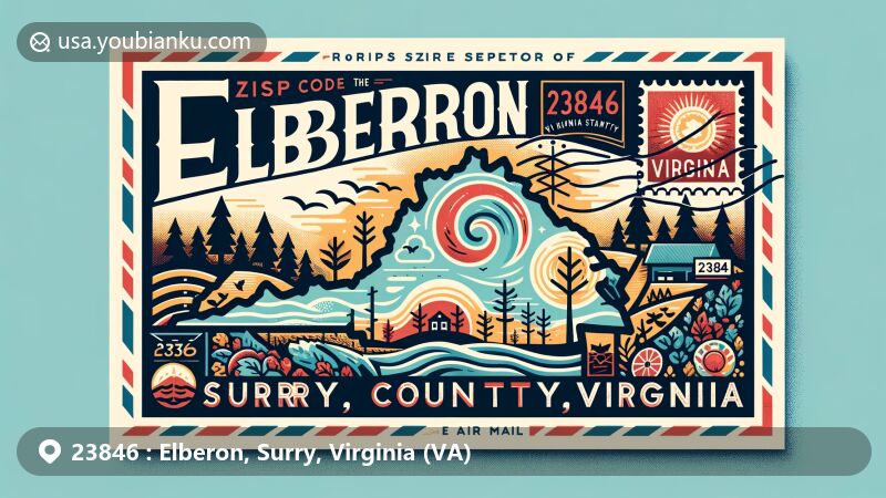 Modern illustration of Elberon, Surry County, Virginia, featuring the ZIP code 23846, incorporating Virginia state silhouette, symbols of natural environment, and Surry County map outline, with postal theme elements like vintage stamp, postmark, and air mail envelope.