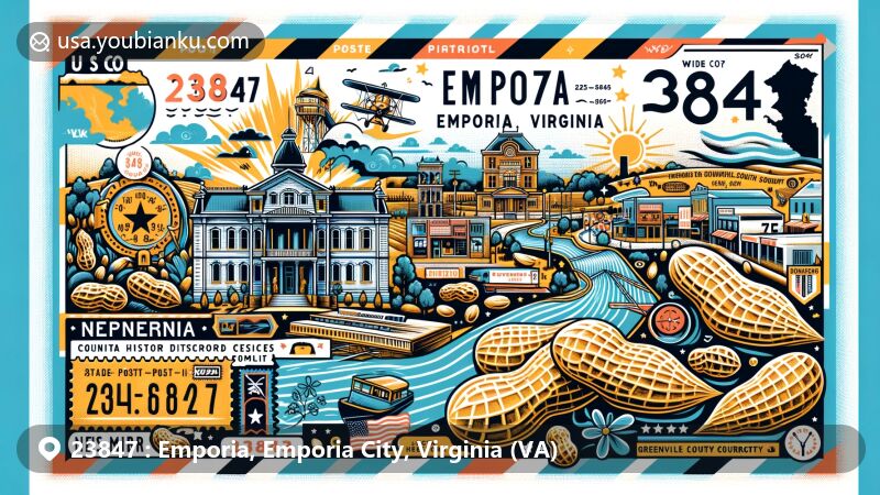 Modern illustration of Emporia, Virginia, linked to ZIP code 23847, showcasing Meherrin River, Belfield-Emporia, Hicksford-Emporia Historic Districts, and Greensville County Courthouse Complex, with peanuts motifs reflecting local farming culture.
