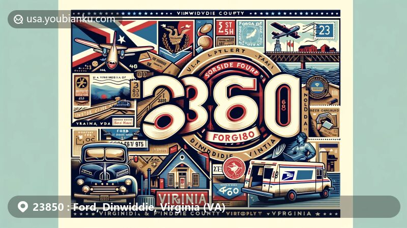Modern illustration of Ford, Dinwiddie County, Virginia, depicting ZIP code 23850, showcasing small-town charm, historical significance on U.S. Route 460, and postal elements like airmail envelope, postage stamp, and postmark.