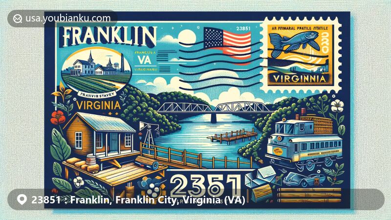 Modern illustration of Franklin, Virginia, ZIP code 23851, blending artistic styles for online display. Depicts Blackwater River, trade history, Camp family influence, and agricultural themes like cotton. Includes Virginia state flag subtly. Focus on postcard with Blackwater River stamp, 'Franklin, VA 23851' postmark, and postal symbols.