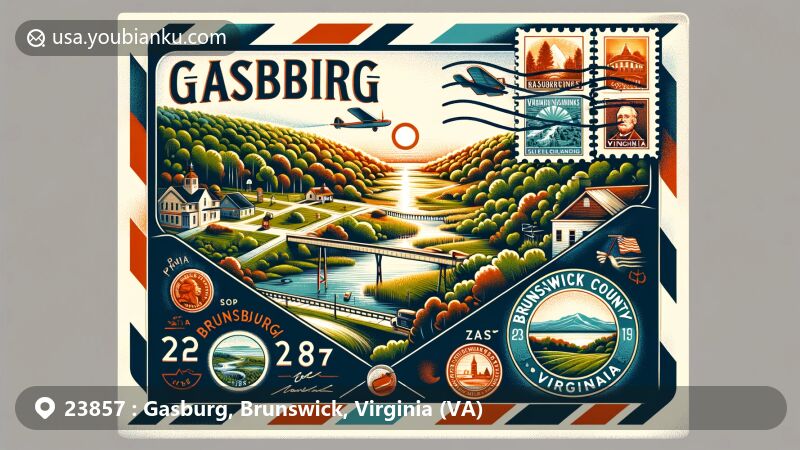 Contemporary wide-format illustration of Gasburg, Brunswick County, Virginia, featuring vintage airmail envelope with iconic Virginia symbols and ZIP code 23857, capturing essence of community and natural beauty.
