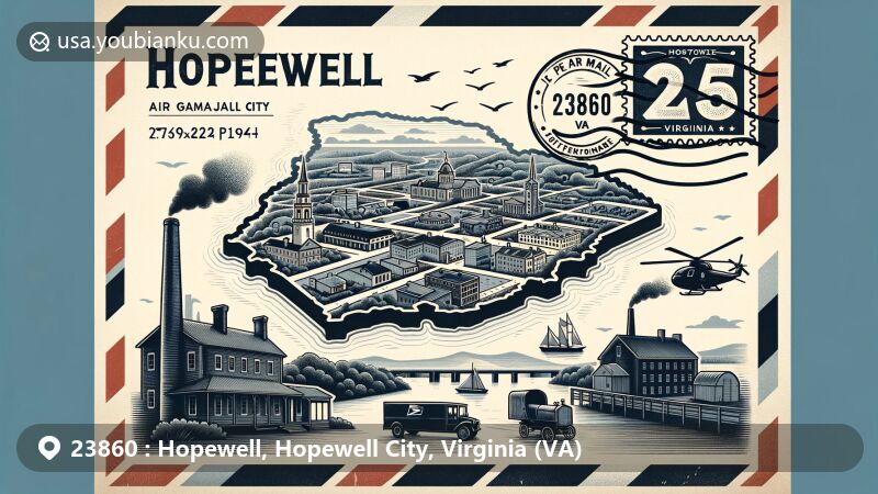 Modern illustration of Hopewell, Virginia, showcasing postal theme with ZIP code 23860, featuring iconic landmarks like General Grant's Headquarters at City Point and Appomattox Manor.