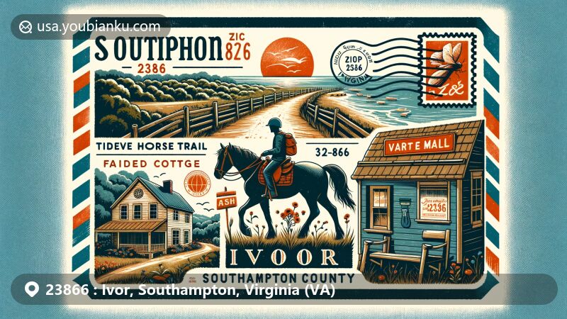 Modern illustration of Ivor, Southampton County, Virginia, featuring ZIP code 23866, showcasing Tidewater Horse Trail, Faded Cottage, vintage air mail elements, and local landmarks.