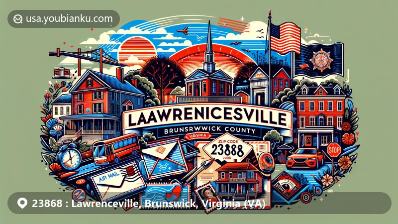 Modern illustration of Lawrenceville, Brunswick County, Virginia, showcasing postal theme with ZIP code 23868, featuring Lawrenceville Historic District or the Brunswick County Museum and Virginia state symbols.
