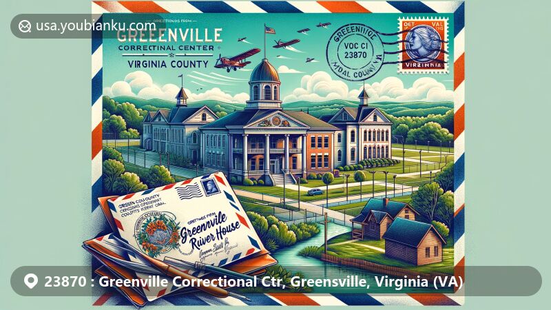 Modern illustration of Greenville Correctional Center, Greensville County, Virginia, showcasing postal theme with ZIP code 23870 and key landmarks including courthouse complex, Weaver House, and Meherrin River Park.