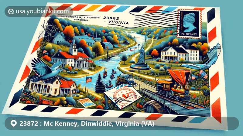 Modern illustration of Mc Kenney, Dinwiddie County, Virginia, featuring unique postal elements and landmarks, including the Petersburg National Battlefield, with vibrant colors and a blend of nature and history.