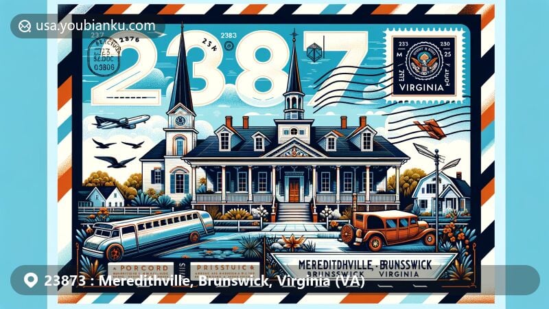 Modern illustration of Meredithville, Brunswick, Virginia, showcasing postal theme with ZIP code 23873, featuring Dromgoole House, Saint Paul A.M.E. Zion Church, and Virginia’s natural beauty.