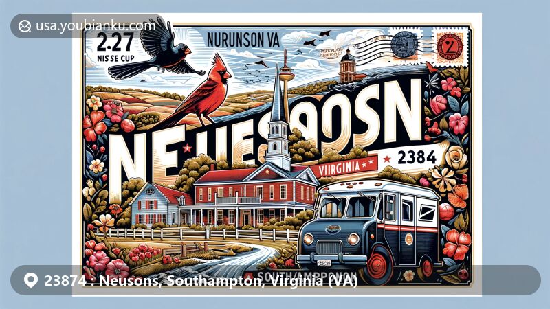 Modern illustration of Neusons, Southampton County, Virginia, featuring ZIP code 23874 and local postal themes with Virginia state symbols like red cardinal and dogwood flowers.