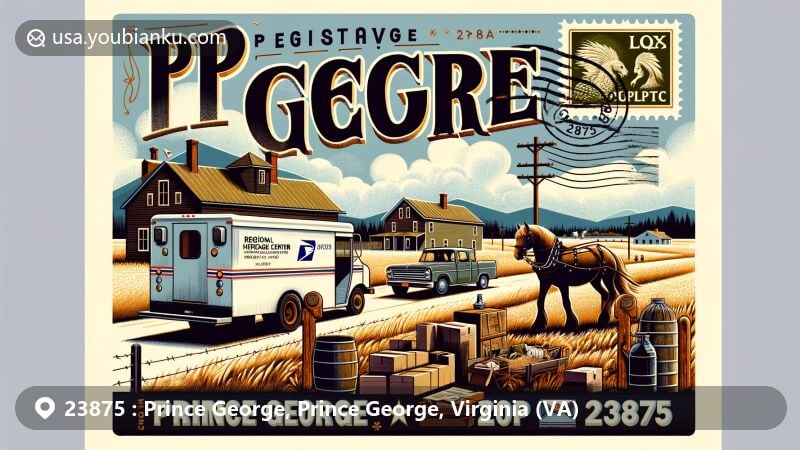 Modern illustration of Prince George, Virginia, showcasing rural charm, natural beauty, and postal theme with ZIP code 23875, featuring Prince George Regional Heritage Center and Czech-Slovak community connections.