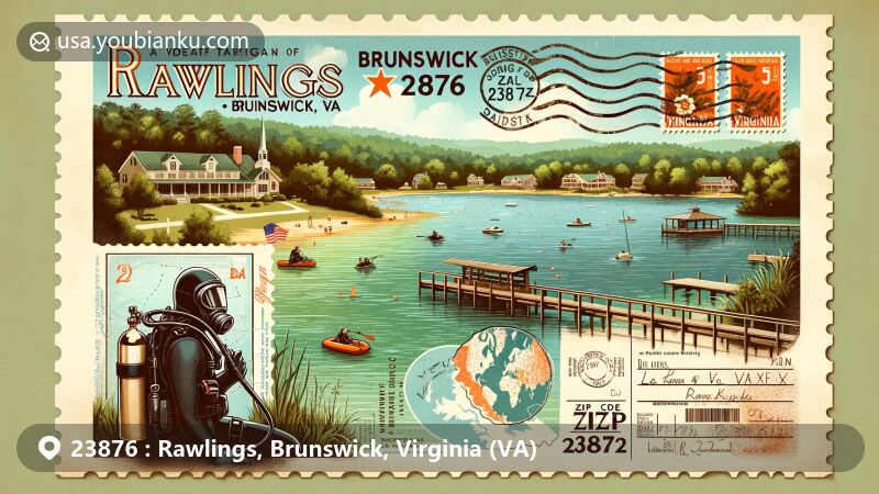 Modern illustration of Rawlings, Brunswick County, Virginia, showcasing scenic view of Lake Phoenix, a scuba park and family campground, with vintage postcard design featuring Virginia state flag and ZIP code 23876.
