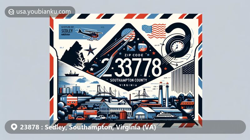 Creative illustration of Sedley, Southampton County, Virginia, featuring air mail envelope design with ZIP code 23878, including Virginia silhouette, Southampton County highlight, local landmarks, cultural symbols, and subtle American flag background.