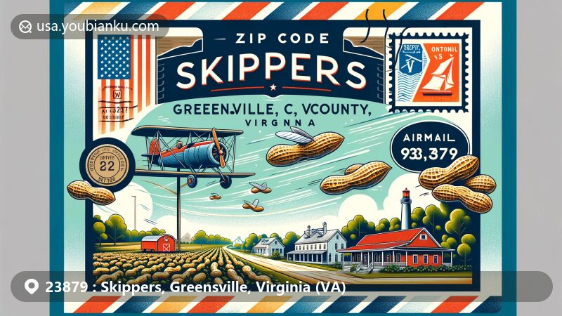 Modern illustration of Skippers, Greensville County, Virginia, with ZIP code 23879, showcasing local landmarks like Skippers Welcome Center and peanut farms, featuring airmail envelope design with Virginia state flag.