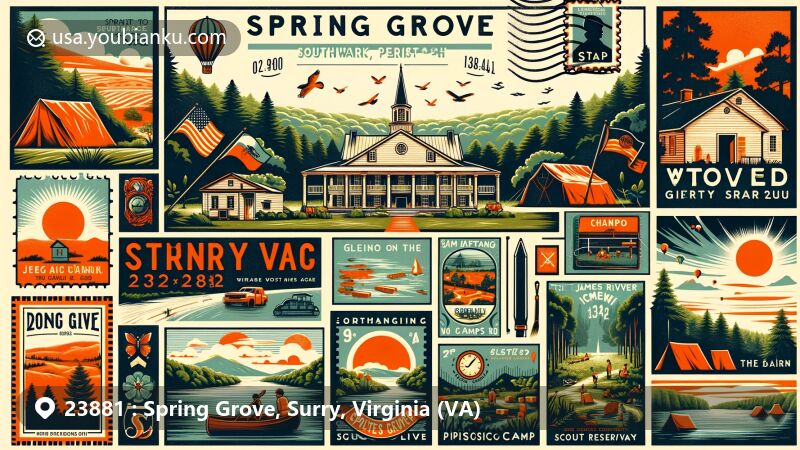 Contemporary illustration of Spring Grove, Surry County, Virginia, blending local history and nature, featuring the Glebe House of Southwark Parish and outdoor camps by the James River.