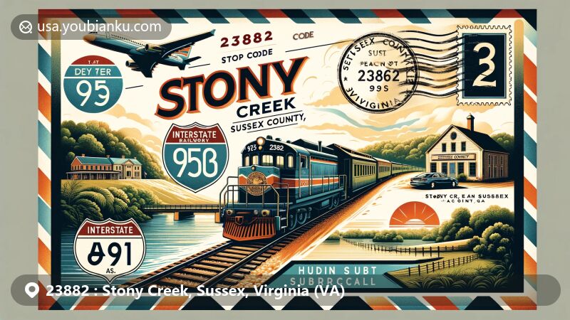 Illustration of Stony Creek, Sussex County, Virginia, capturing historic significance with a vintage railway, modern connectivity through highways, and regional climate with iconic imagery and county seal.