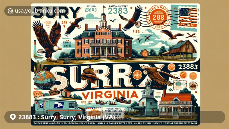 Modern illustration of Surry, Virginia, highlighting ZIP Code 23883, featuring Bacon's Castle, Chippokes Plantation State Park, and local wildlife from Hog Island Wildlife Management Area, embracing blend of natural and cultural elements.