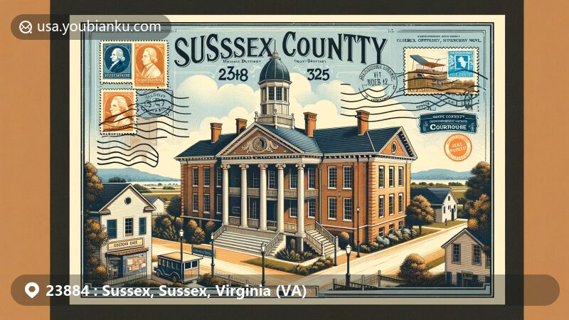 Modern illustration of Sussex County Courthouse Historic District in Sussex, Virginia, showcasing Jeffersonian Classicism style courthouse with ZIP code 23884 and postal elements, including vintage postcard design and mail delivery motifs.