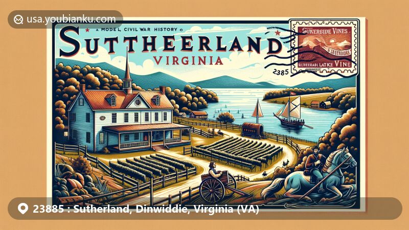 Modern illustration of Sutherland, Dinwiddie, Virginia (VA), depicting historical and natural beauty in a postcard style with Fork Inn, Lake Chesdin, Riverside Vines vineyard, and elements of Civil War history, framed with a postal theme for ZIP Code 23885.