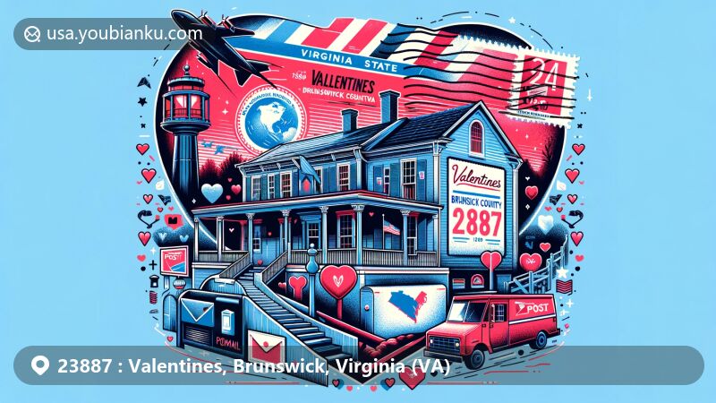 Modern illustration of Valentines, Brunswick County, Virginia, featuring vintage airmail envelope with postal theme, showcasing Mason-Tillett House and Virginia silhouette.