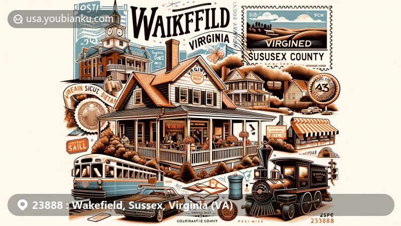 Modern illustration of Wakefield, Virginia, featuring the Virginia Diner and a blend of historical and cultural elements from Sussex County, including colonial and American Revolution influences, and the significance of railways. The image showcases postal elements like a vintage air mail envelope with ZIP code 23888 and iconic postal symbols, symbolizing Wakefield's community spirit and communication connections.