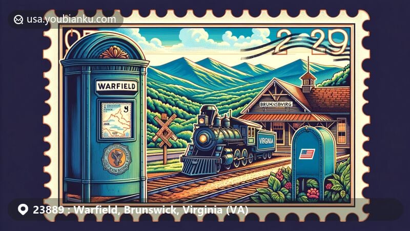 Modern illustration of Warfield, Brunswick County, Virginia, with Blue Ridge Mountains backdrop and vintage railway station alongside American mailbox with ZIP code 23889, all within postage stamp design.