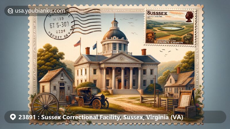 Modern illustration of Sussex County Courthouse Historic District, Virginia, featuring Jeffersonian Classicism courthouse with cupola and arcade, set in pastoral surroundings, framed in vintage postal envelope with Cactus Hill Archaeological Site stamp.