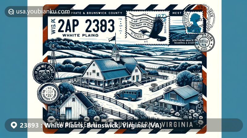 Modern illustration of White Plains, Brunswick County, Virginia, with ZIP Code 23893, showcasing local culture and landmarks, celebrating Brunswick Stew's origin. Includes airmail envelope symbolizing communication, postage stamp with county icons, highlighting region's diversity and historical significance.