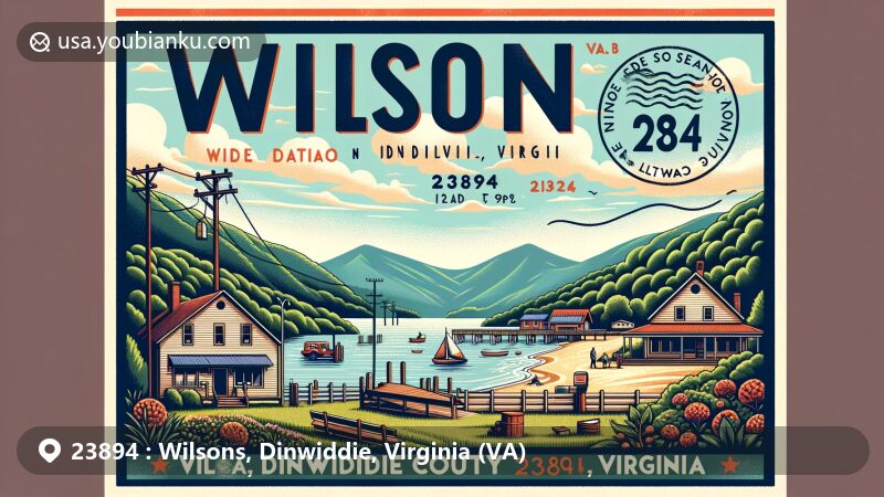 Modern illustration of Wilsons, Dinwiddie County, Virginia, spotlighting postal theme with ZIP code 23894, featuring scenic Blue Ridge Mountains, emphasizing tight-knit community and outdoor activities like fishing, hiking, and biking.